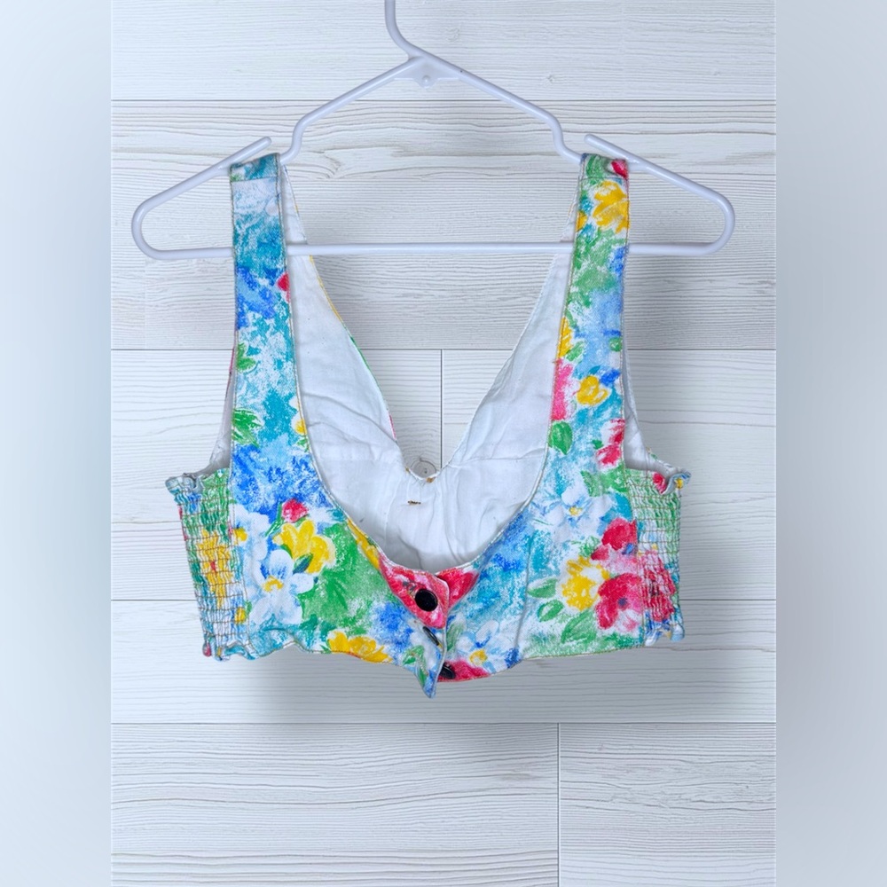 BREAKER JEANS Womens Vintage 80’s Spring Floral Print Bustier Denim Crop Top. - Picture 4 of 10